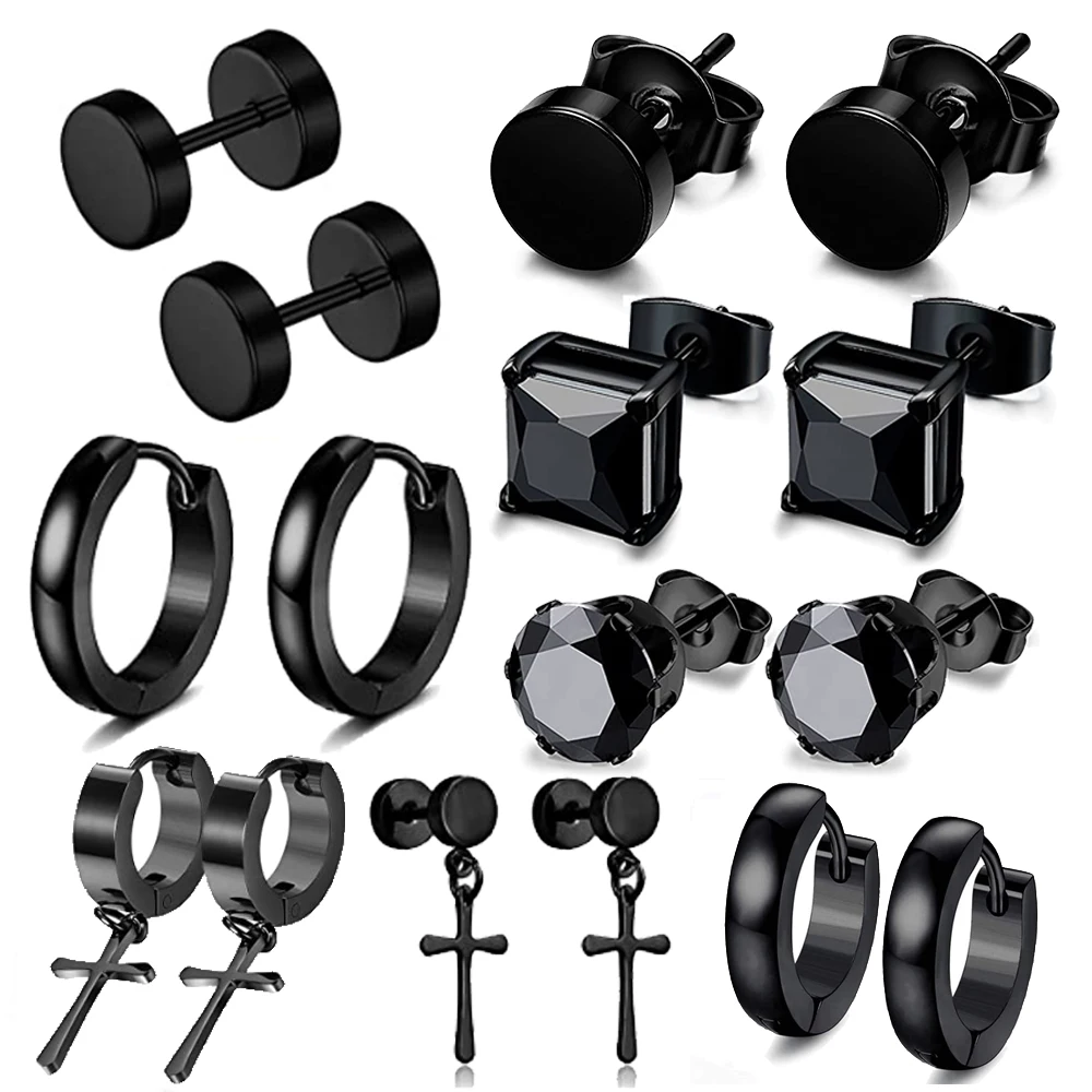 

Stainless Steel Black Stud Earrings CZ Crystal Cross Round for Men Women Huggie Earring Ear Piercing Set Hoop