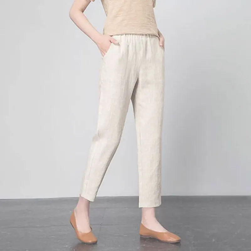 

Spring Summer Korean Fashion Women Pants Plus Size Elastic Waist Loose Harem Pants all-matched Casual Cotton Linen Pants D165