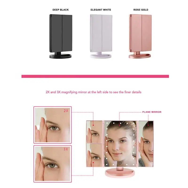 

LED Makeup Mirror 22 Vanity Light Magnifying 3 Floding Countertop Touch Screen Cosmetic 10x Magnifier Small Mirror Beauty