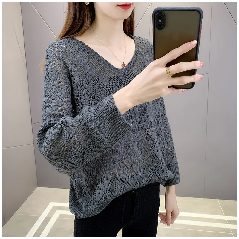 

Long Sleeve Sweater Spring 2021 New Korean V-neck Hollowed Fashion Loose Elegant Slim Sweater Female Blouse Thin Top