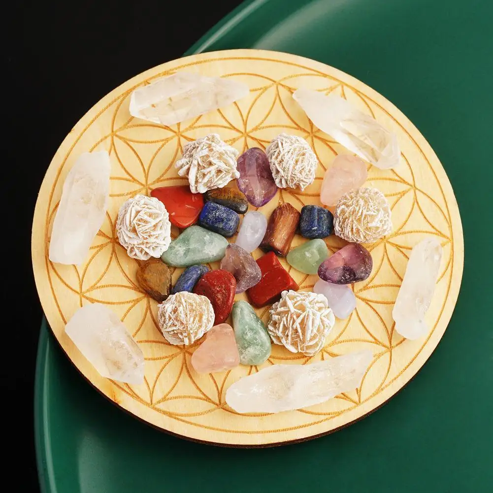 

Beautiful 7 Chakra Natural Stones Reiki Healing Gemstones Crystal Gift Plate Healing Home Crystals Wooden Decoration