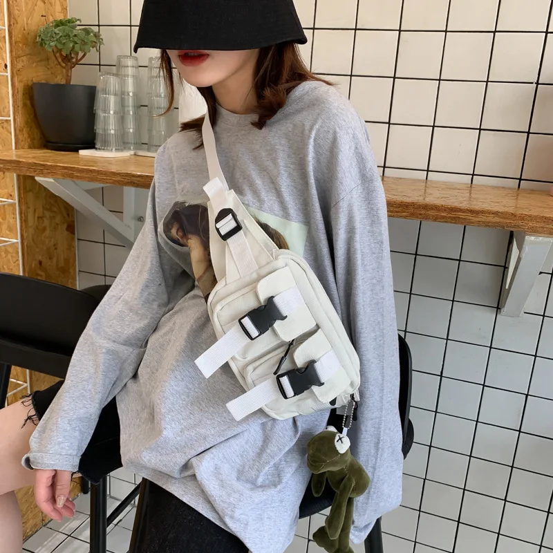 

New Trendy Female Canvas Waist Bag Frog Ornament Soft Sports Chest Bag Casual Shoulder City Jogging Bag Purse 3Colors Available