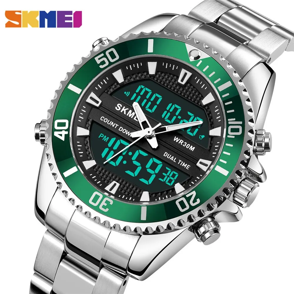 

SKMEI 3 Time Quartz Digital Dual Movement Waterproof Wristwatch Men Sport Watches Countdown Stopwatch Clock reloj hombre 1850
