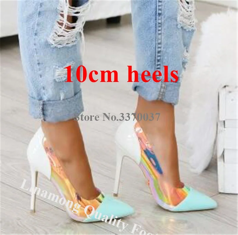 10cm heel Женские туфли-лодочки из лакированной кожи с острым носком неонового и розового цвета; туфли-лодочки на шпильке; светоотражающие Прозрачные Высокие каблуки из ПВХ; свадебные модельные туфли - Цвет: 10cm heel