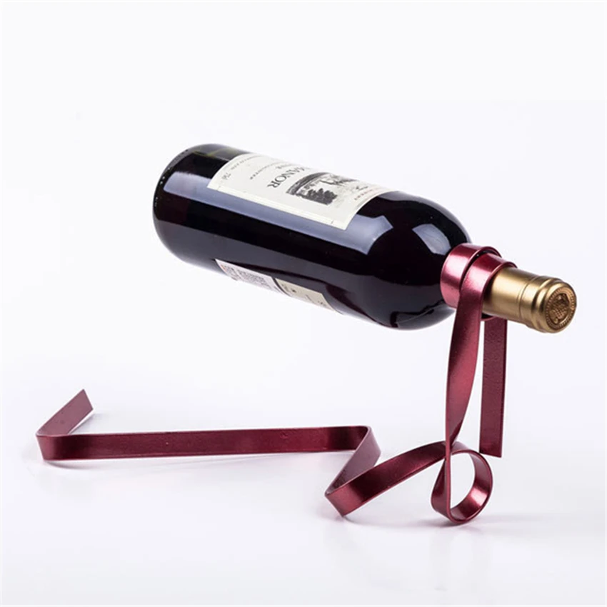 

Creative Iron Wine Bottle Holder Ribbon Suspension Poised Wine Rack Cabinet Stand Bracket Bar Accessories Table Decoration Tools