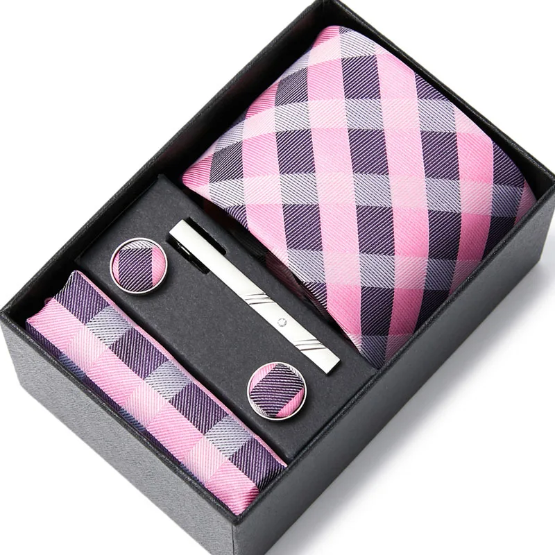 

Pink Plaid Silk Wedding Tie For Men Hanky Cufflink Mens Gift Tie Set Business Party Dropshipping Fashion Designer