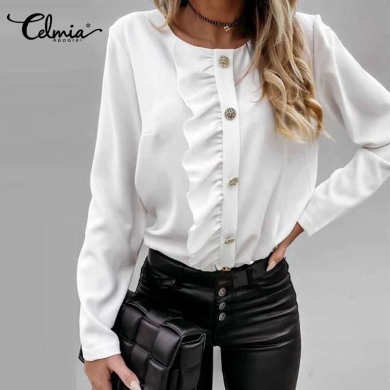 

Женская блузка с длинным рукавом, осенняя Модная рубашка Celmia с оборками, повседневные свободные туники с круглым вырезом, элегантные топы с ...