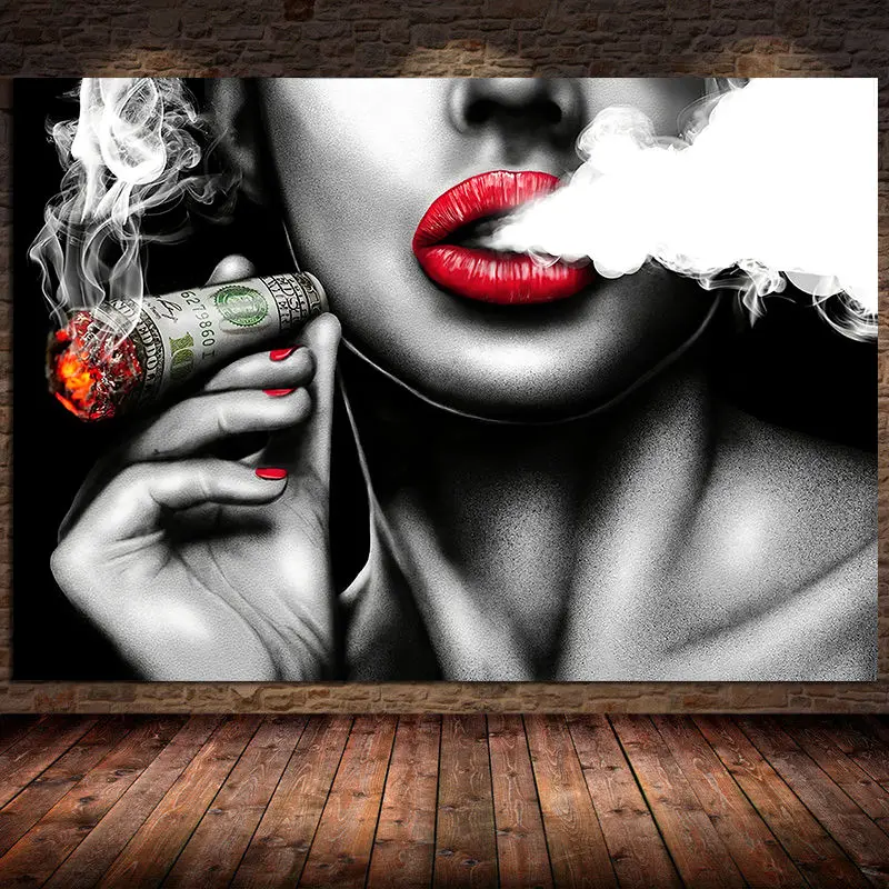 

Red Lips Smoking Characters Vintage Canvas Painting Women Posters and Prints Wall Art for Living Room Bedroom Cuadros Unframed