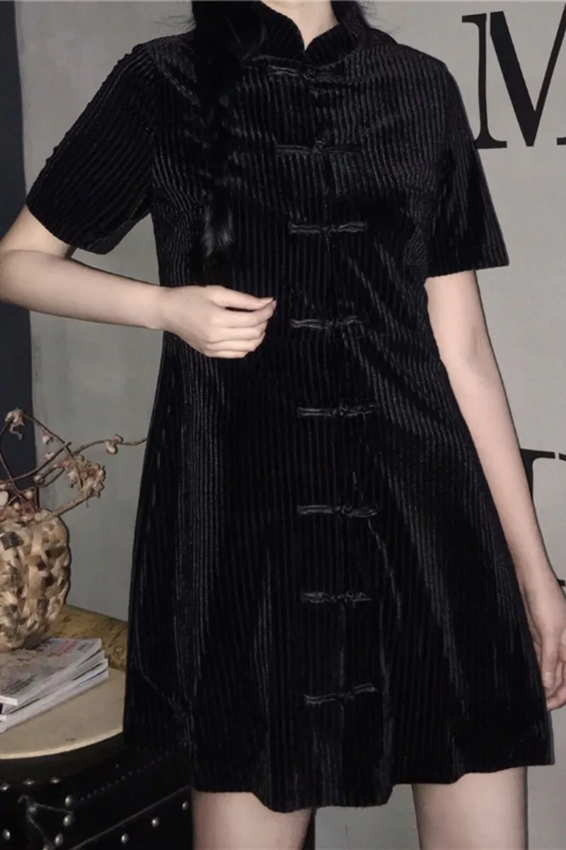 

Short Sleeve Cheongsam Dress 2021 Button Thin Corduroy Mini Dresses Women Gothic Sexy Lolita Party Harajuku Punk Vestidos
