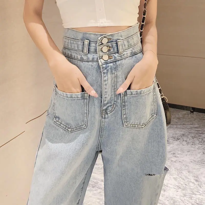 

Fashion Women Jeans Pants Leisure Loose Streetwear Vintage Blue High Waist Harajuku Hole Straight Pants Ripped Denim Clothing