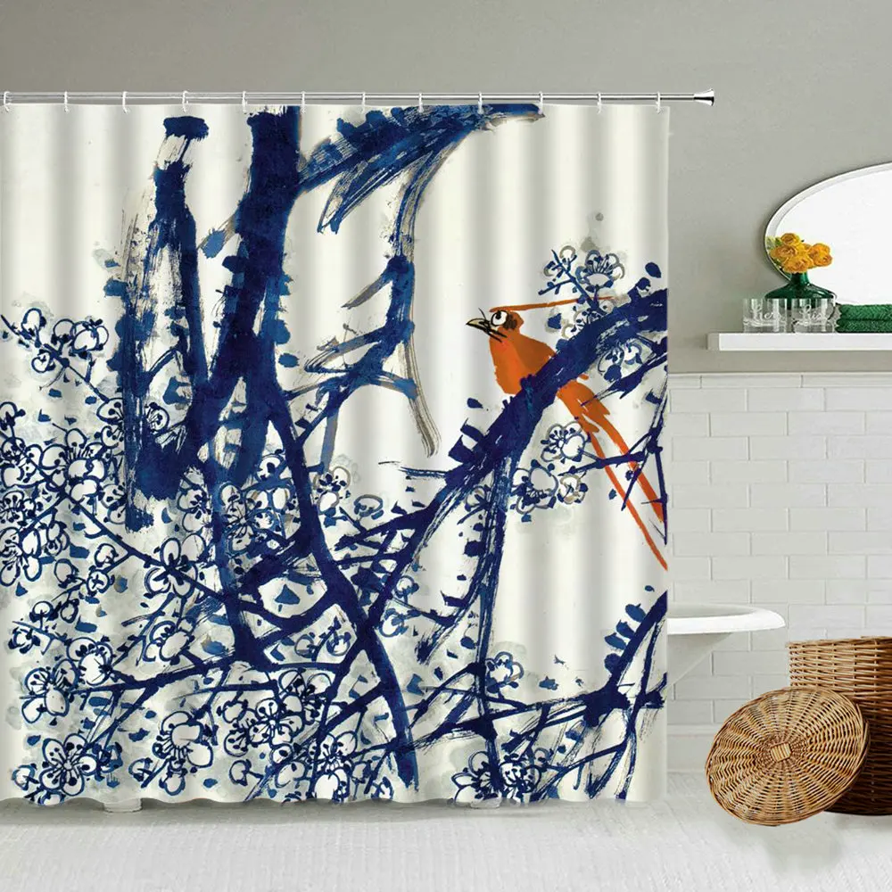 Занавеска для душа в американском стиле ретро с цветочным и птичьим узором
