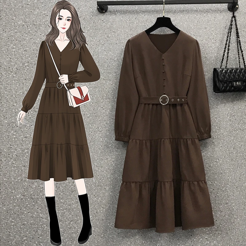 

4XL Plus Size Women Ruffle Dresses Spring 2021 Solid Color Fashion Buttons V-neck Long Sleeve Loose Casual Midi Dress