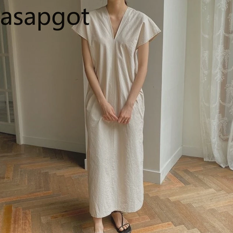 Корейское шикарное винтажное платье в минималистском стиле с V-образным вырезом