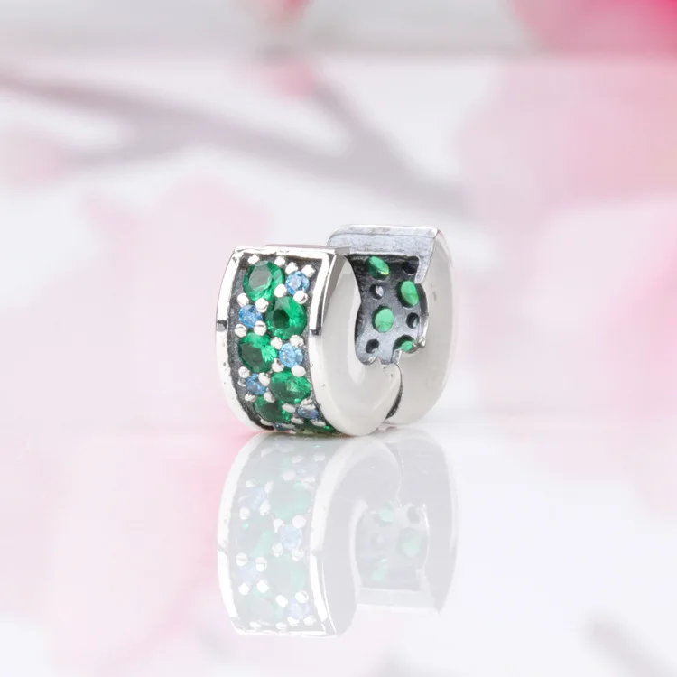 

Amas Authentic S925 Silver Positioning BuckleGreen Flashing Elegant Fixed Clip Beads Fit Original Bracelet