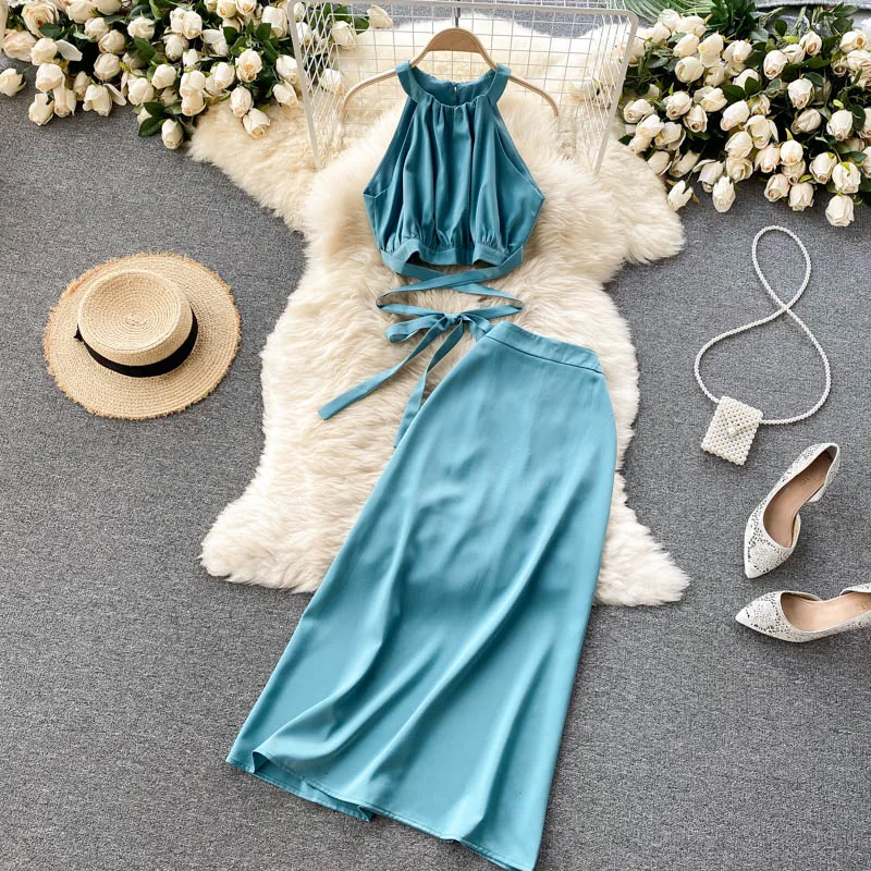 

Женский элегантный костюм, летний сексуальный укороченный топ с лямкой на шее, рубашки с юбкой на бретельках, комплект из двух предметов, же...