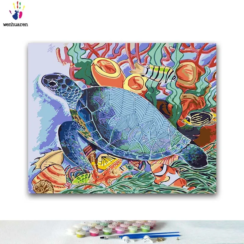 DIY окраска по номерам черепаха плавания под водой картины с комплекты 40x50 защелка