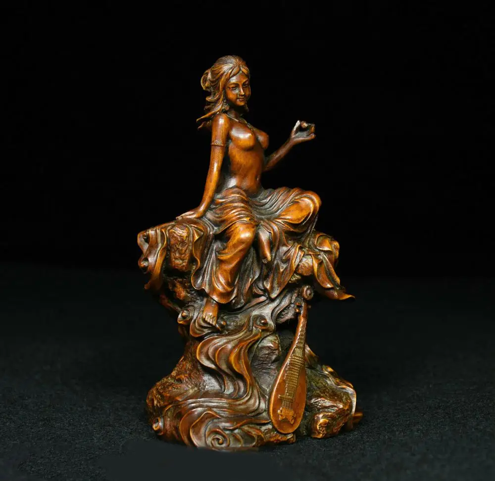 

wedding decoration 5" Old China Boxwood wood Carved Sexy beautiful Qin beauty Belle goddess Statue
