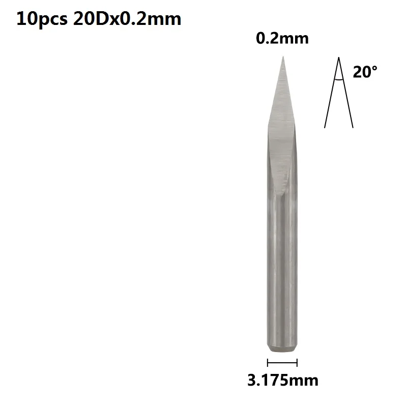 20Dx0.2mm 10 шт. 3,175 мм хвостовик 3 край гравирования печатных плат с алмазным напылением для 20 Вт, 30 Вт/40/45/60/90 градусов наконечник 0,1 0,2 0,3 мм пирамиды фрезерный станок с ЧПУ Бит 3D фрезерный станок - Длина режущей кромки: 20Dx0.2mm