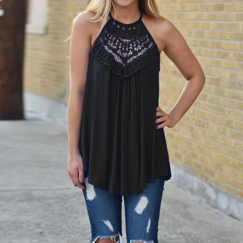 

Summer Women T-shirt Plus Size Lace Cotton Stitch Sleeveless Girls Tshirt Casual Halter Pleated Ladies Tops Tees Loose Hollow