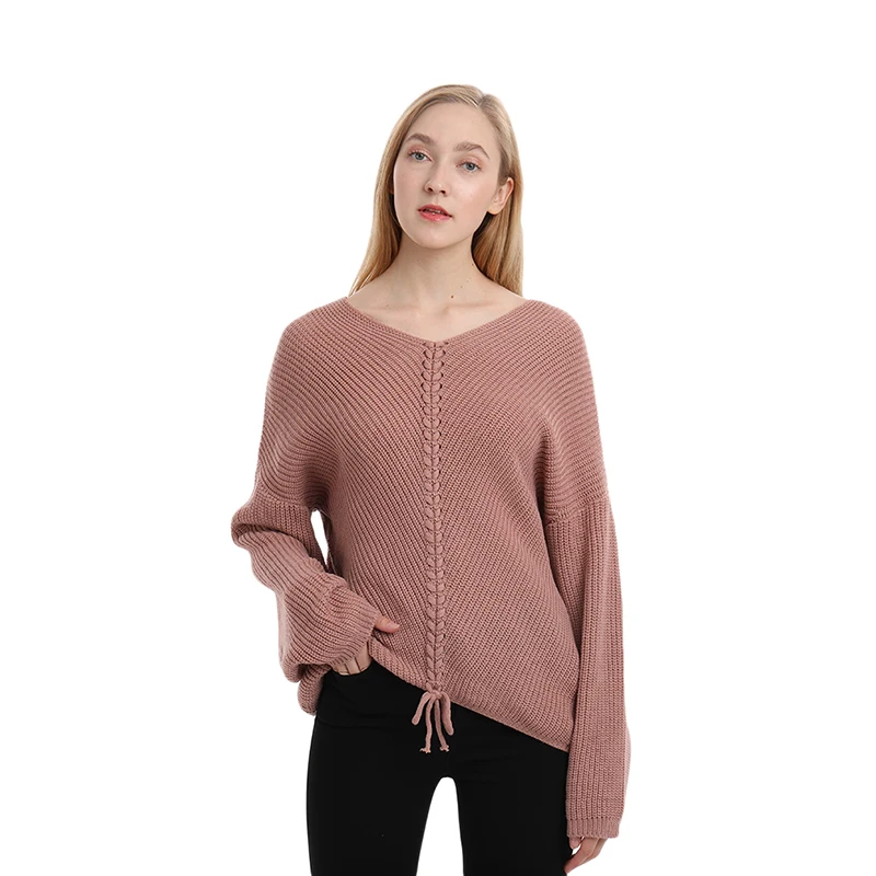 Women Sexy V-neck Lace Up Knitted Sweaters Long Sleeve Solid Stitching Loose Sweater 2019 Autumn Winter Casual Ladies | Женская одежда