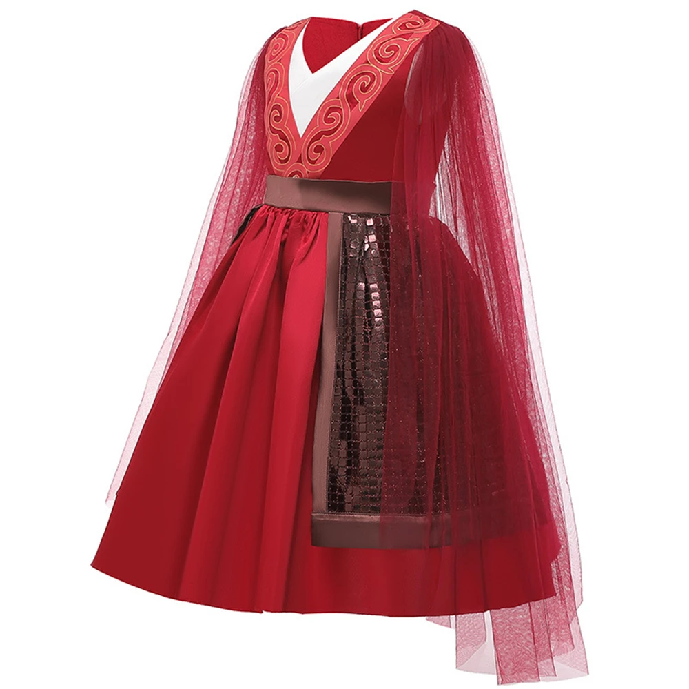 Костюм Мулан на Рождество Хэллоуин летнее фатиновое красное платье с рукавами