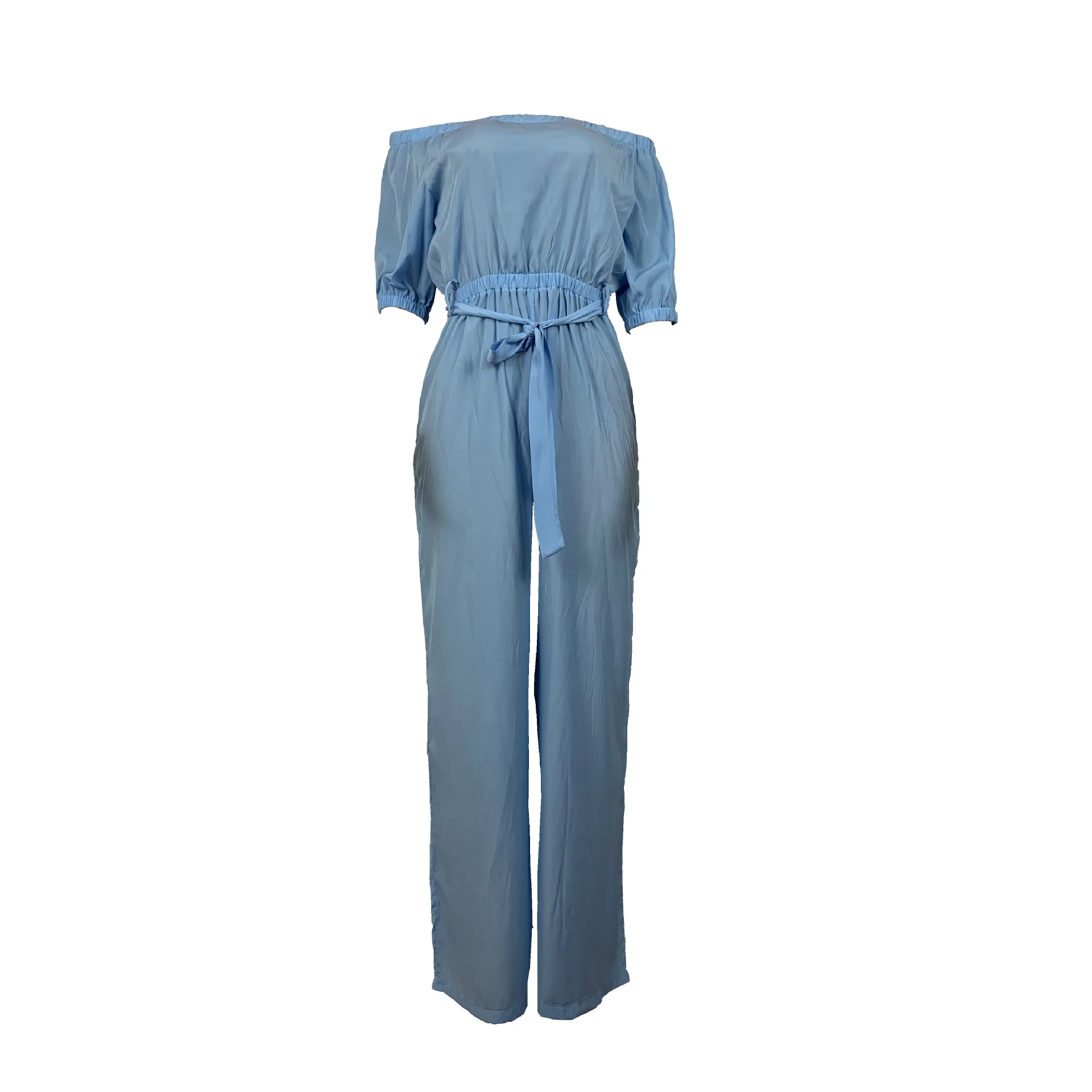 

Sky Blue Denim Empire Waist High Waist Women's Full Jumpsuit Classic Streetwear Office Lady Short Sleeve Rompers Overalls
