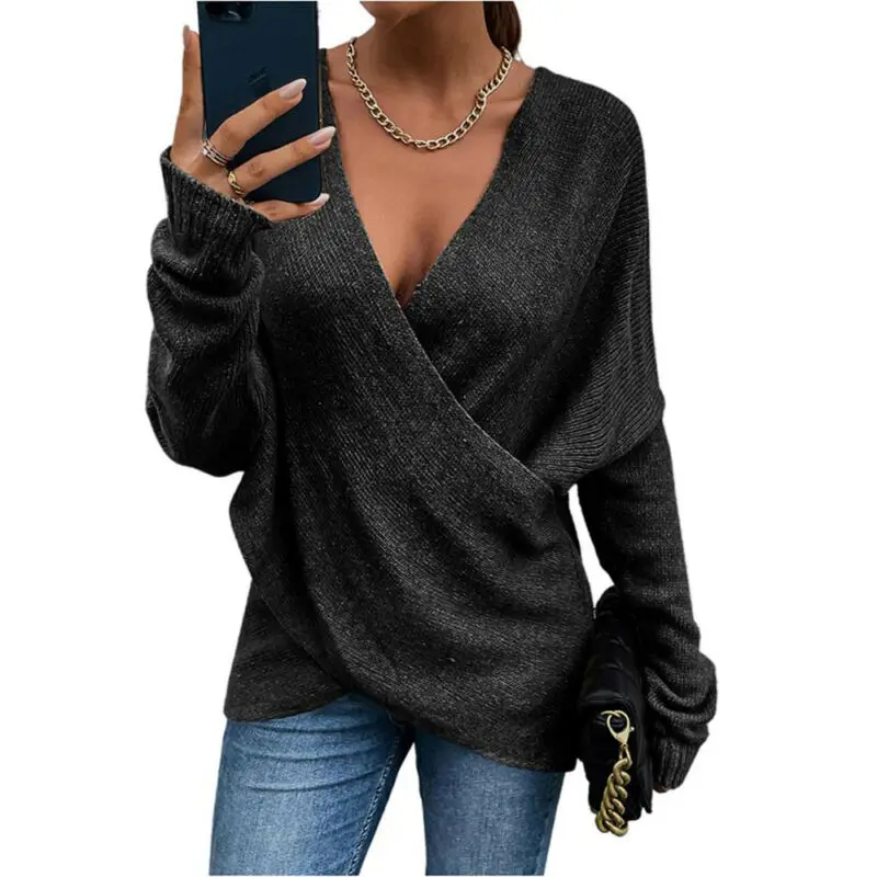 

Women Sweaters Cross Knit Sweater Women Long Sleeve Deep V-neck Cross Front Sexy Office Lady Solid Casual Jumper