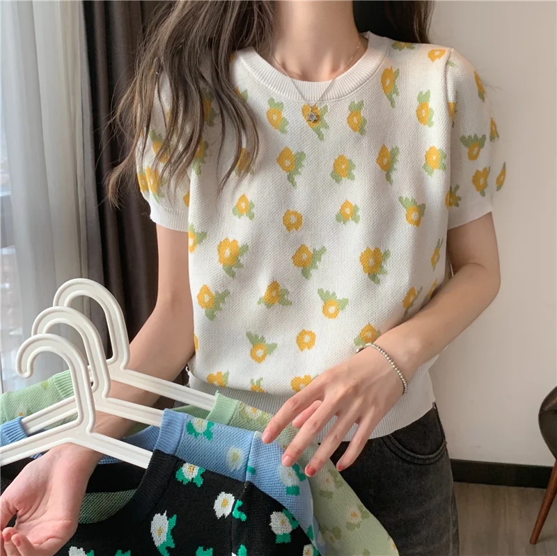 

Women Summer Korean Style All-match Sweet T-shirts 2021 Flower Green Print T-shirt O-Neck Short Sleeve Tops Female Streetwear