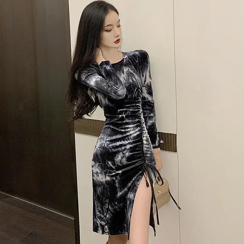 

2021 Spring Autumn Sexy Velvet Gradient Color Bodycon Dress O-neck Long-Sleeve Drawstring Slim Mini Dresses for Women Y718