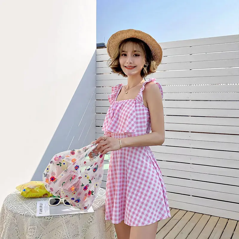 Накидка женская клетчатая с высокой талией милый тонкий купальный костюм