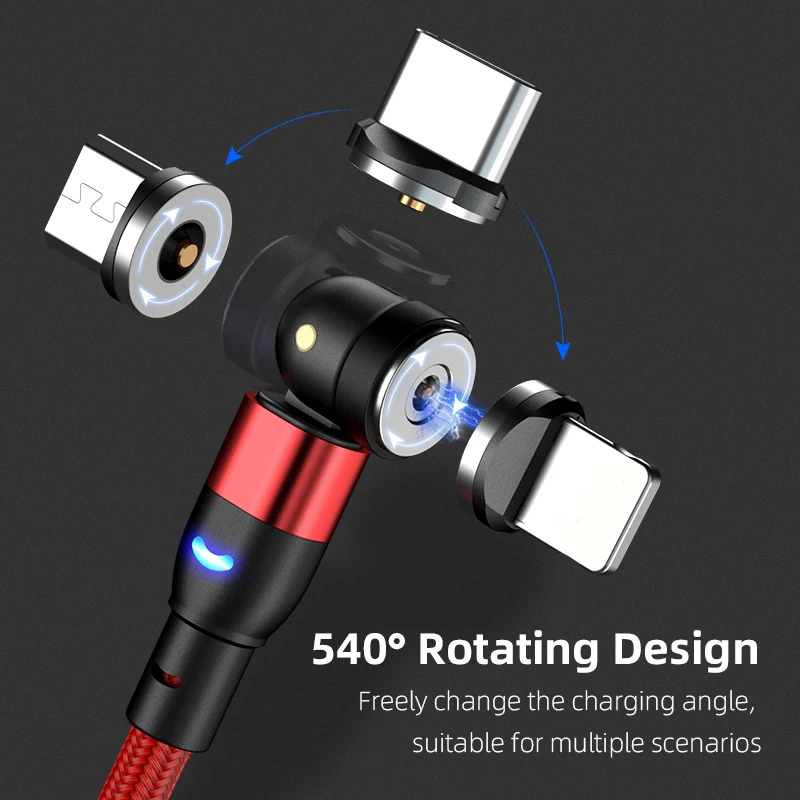 Зарядный кабель Micro USB Type-C поворот на 540 градусов магнитный светодиодный USB-кабель