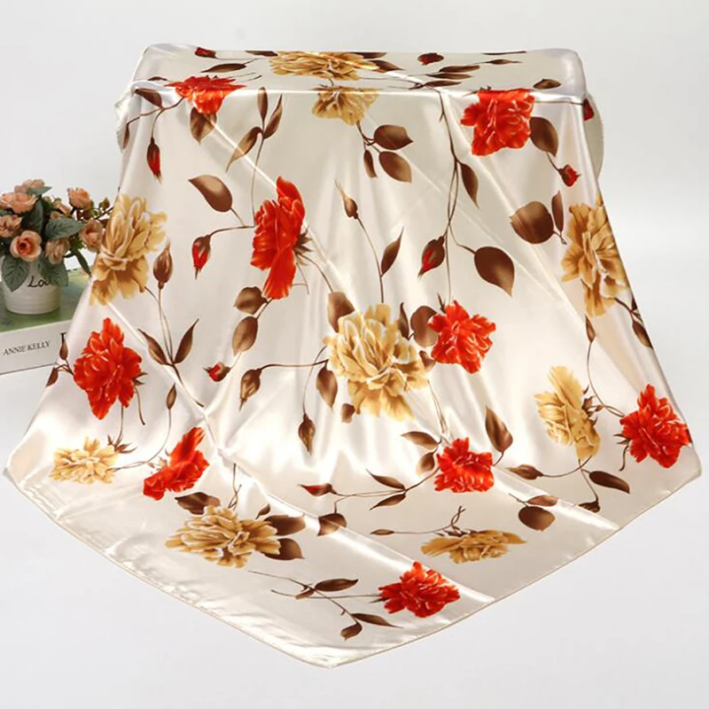 

Fashion Silk Satin Women Hair Scarf Floral Print Handkerchief Shawls And Wraps Hijab Scarfs Female Neck Scarves For Lady 90*90cm