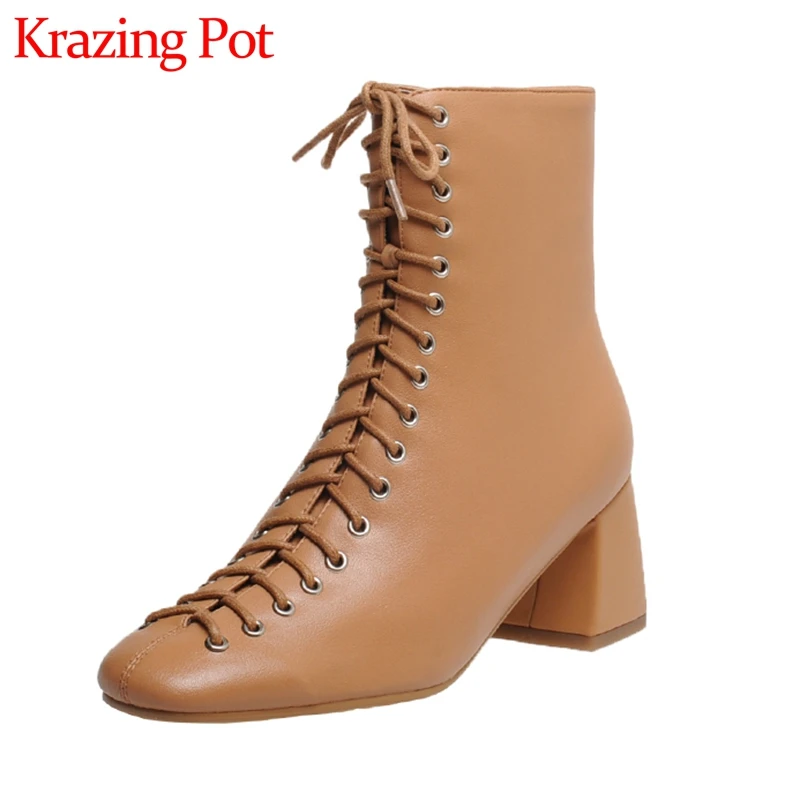 

Krazing Pot natural cow leather winter metal fasteners square toe cross-tied thick high heels young lady luxury ankle boots l68