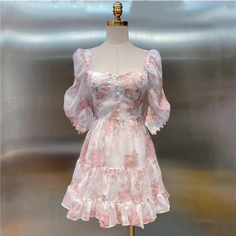 

HIGH STREET Newest 2021 Designer Fashion Floral Printed Square Collar Dress
