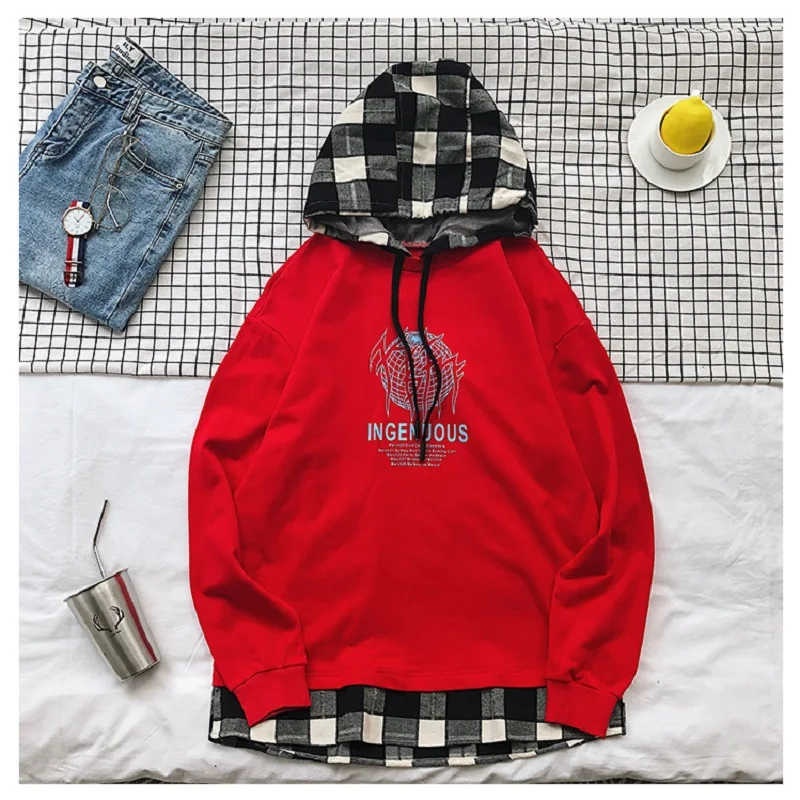 

Stitching Contrast Color Fake Two-piece Hoodie Men's Spring and Autumn Hooded Personality Printing Thin Coat Cotton Pullover