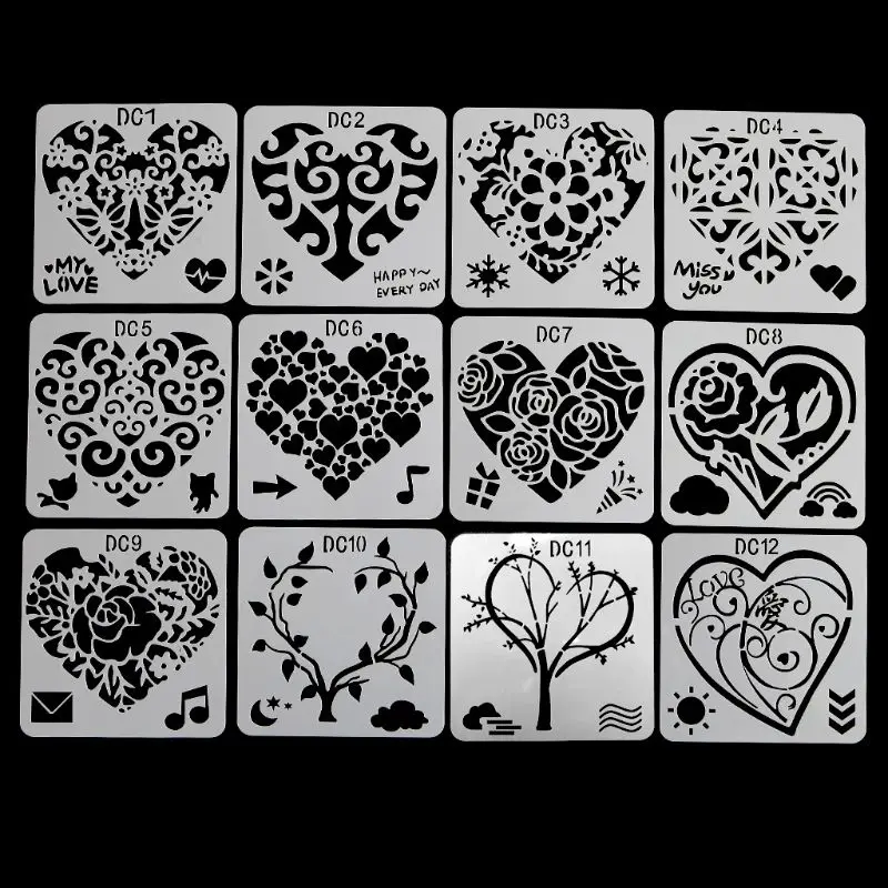 

P82F 12Pcs Flower Heart Drawing Molds Plastic Children Painting Stencils DIY Paper Art Craft Card Label Scrapbook Bookmark Toy