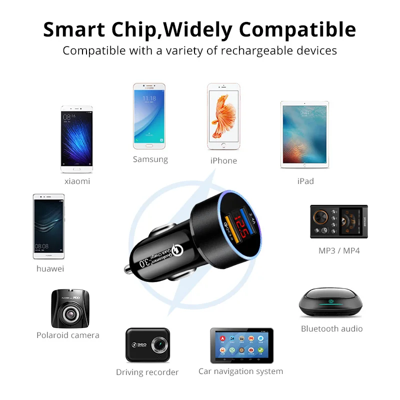 QC 3 0 Dual USB Автомобильное зарядное устройство для быстрой зарядки Huawei Y5P Y6P P40 Lite Samsung