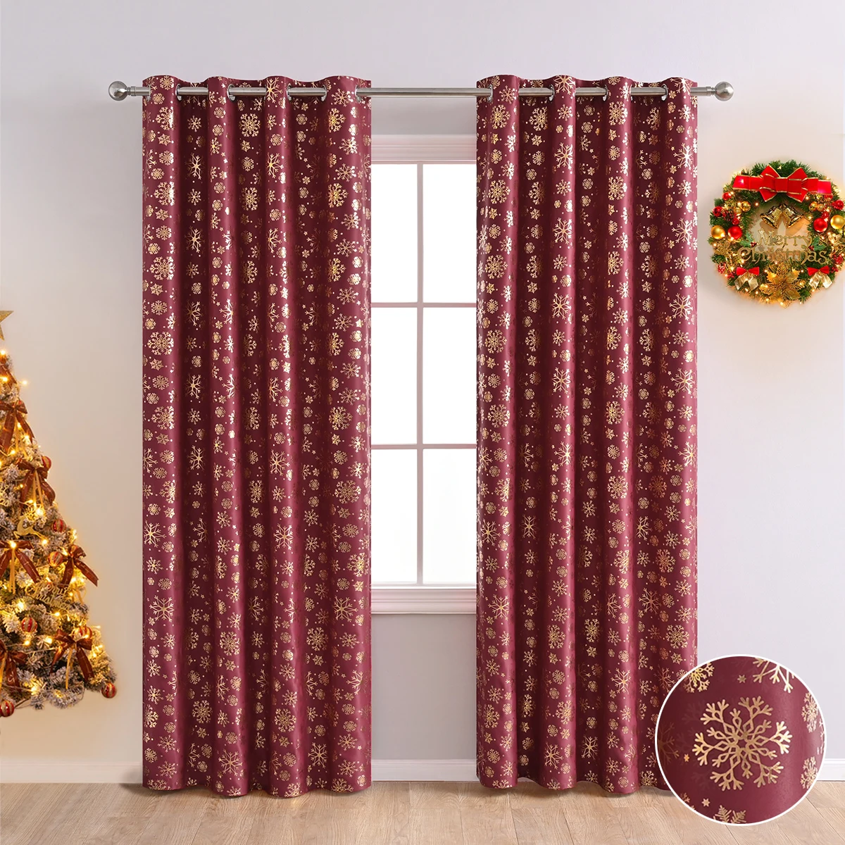 

Gold Stamping Snowflake Print Curtain Christmas Living Room High Shading Window Treatment Blackout Red Drapes Xmas Decor P55