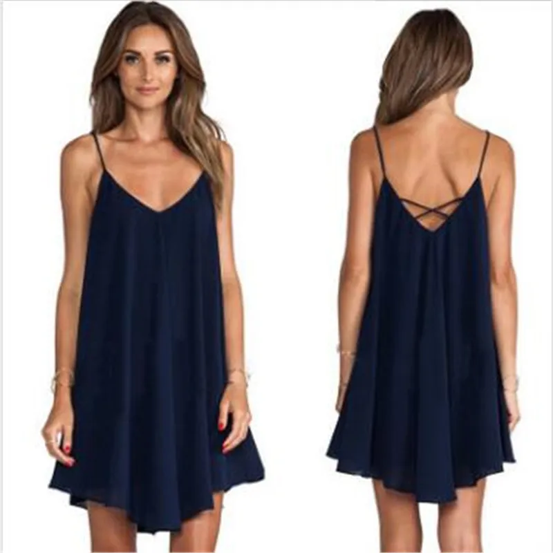 

Sexy Chiffon Mini Dress Women Summer Backless Cross Drawstring Waist V-Neck Strap Irregular Short Dress Summer