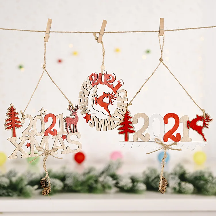

Cute 2021 Merry Christmas Elk Xmas Tree Wooden Pendant Decorations Christmas Hanging Ornaments