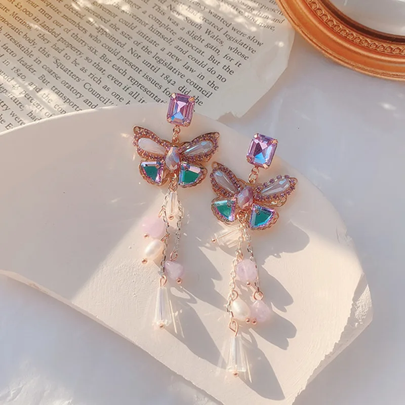 

MWSONYA Fashion Trendy Korean Luxury Purple Butterfly Shiny Crystal Tassel Dangle Earrings for Women Waterdrop Party Jewelry