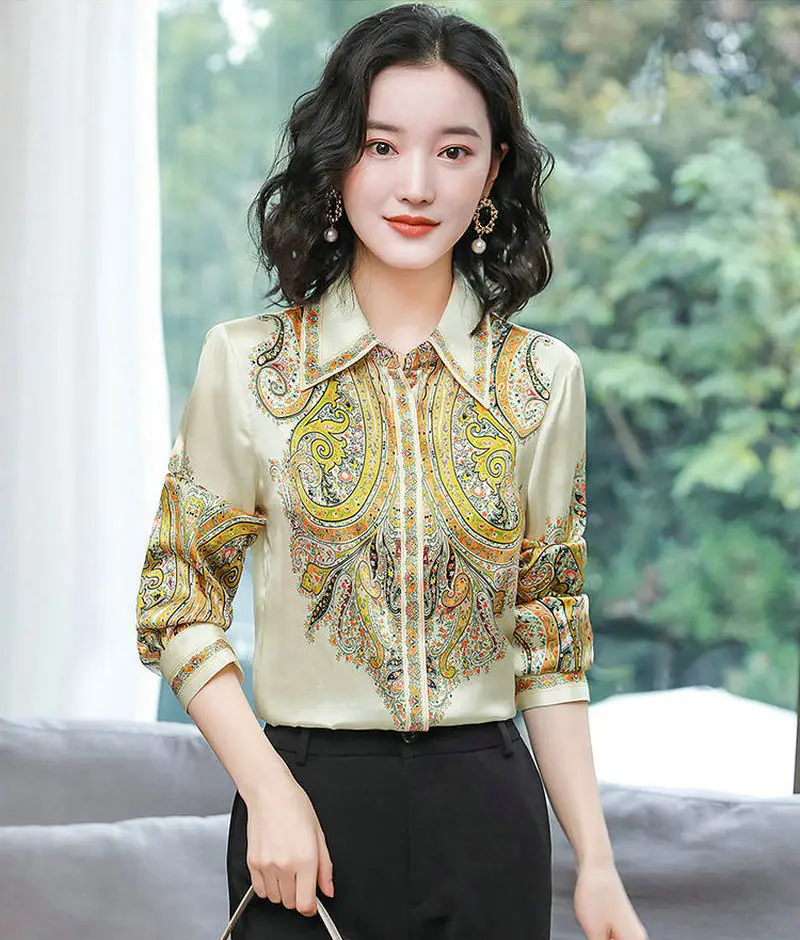 Autumn Fashion Button Up Satin Silk Shirt Vintage Blouse Women  Lady Long Sleeves Female Loose Street Shirts