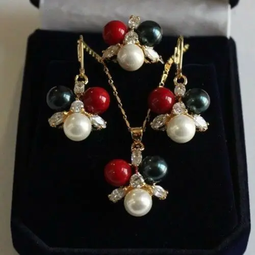 

8mm white / Black// Red shell pearl pendant necklace Earring Ring Set AAA