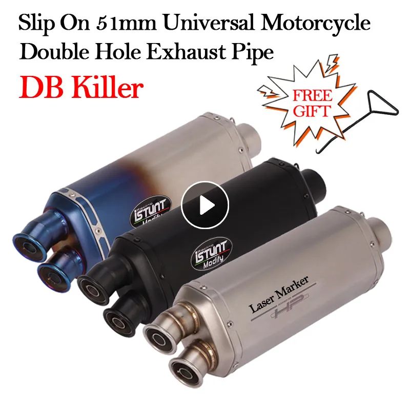 

51MM Universal Motorcycle Double Hole Exhaust Pipe Modified Escape GP Moto DB Killer Muffler For Z900 FZ6 N NMAX 155 Hornet 600