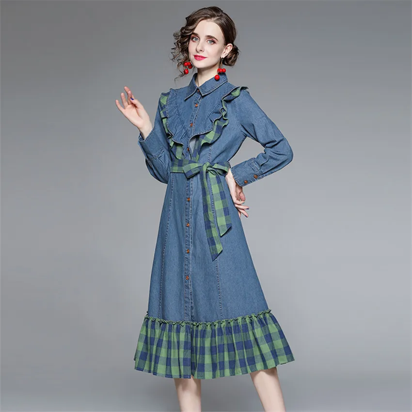 

Korean Fashion Elegant Denim Dresses Women 2022 Long Sleeve Plaid Patchwork Long Denim Shirt Dress Sweet Ruffle Jeans Dress
