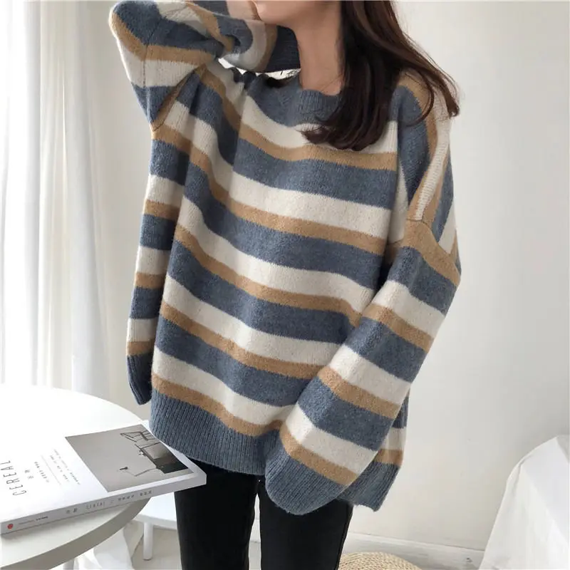 

the new lazy style contrast striped sweater female Korean version of loose wild slimming bottoming sweater tide