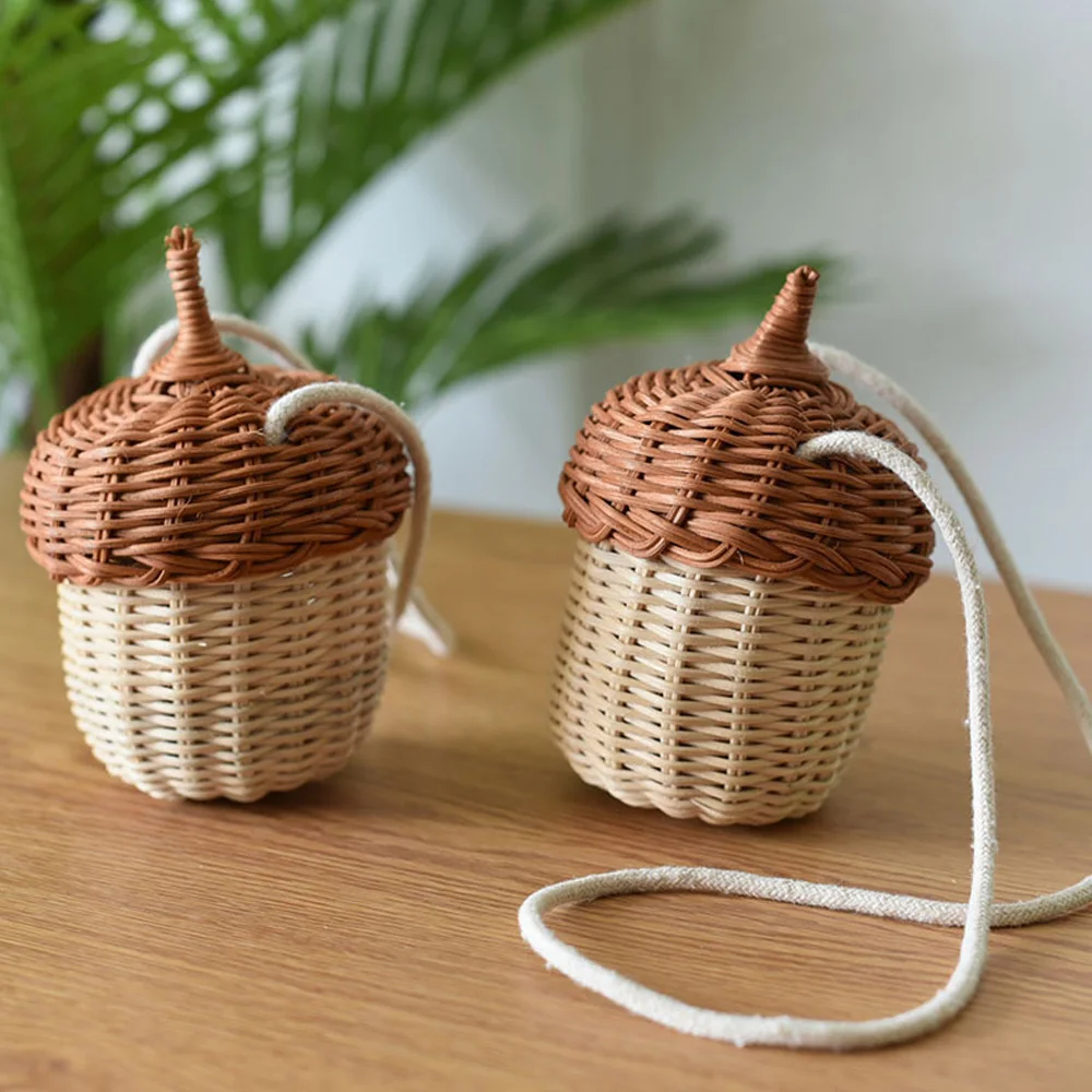 

New Acorn Shape Storage Basket Handwoven Round Rattan Bag Bucket Tropical Beach Style Woven Shoulder Bag Photo Props