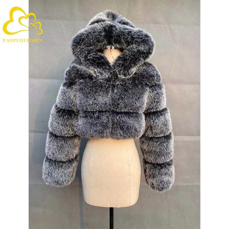 Winter Warm Fluffy Faux Fur Coats Jackets Women High Quality Fake Fur Cropped Jackets with Hooded Winter Fur Jacket