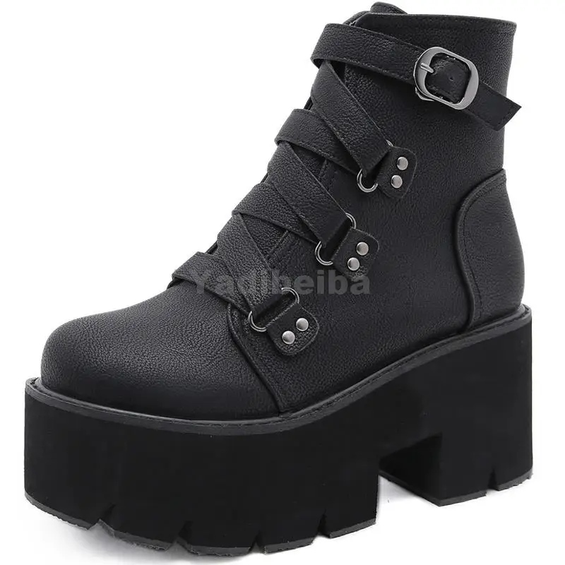 

Ботильоны женские на платформе, резиновая подошва, пряжка, искусственная кожа, высокий каблук, черные, Осень-зима