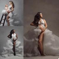 white maternity women tulle dresses party prom gowns v neck train photo shoot